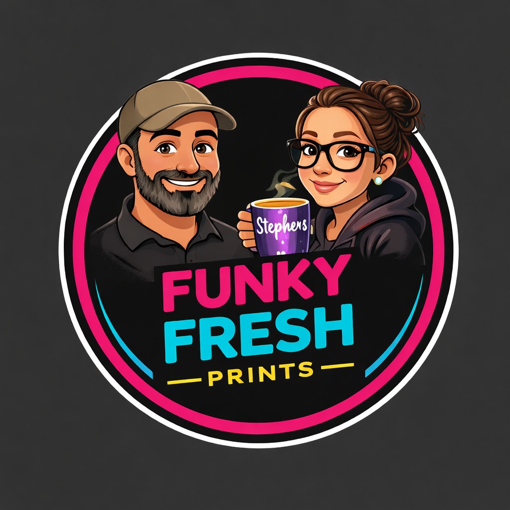 Funky Fresh Prints logo with founders Chris and Steph